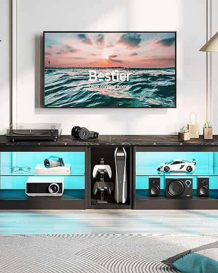 Bestier TV Stand for 70 inch TV, Gaming Entertainment Center for PS5, LED TV Cabinet with Glass Shelves for Living Room, 63'' Inch, Black Marble - LeafyLoom