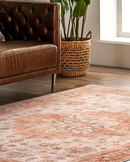 nuLOOM Dawson Machine Washable Distressed Medallion Ultra Thin Runner Rug, 2' 6" x 8', Peach - LeafyLoom