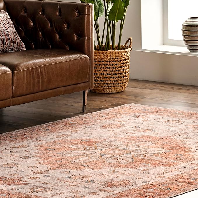 nuLOOM Dawson Machine Washable Distressed Medallion Ultra Thin Runner Rug, 2' 6" x 8', Peach - LeafyLoom