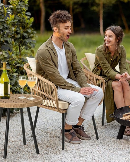 YITAHOME 3 Pieces Outdoor Wicker Patio Conversation Bistro Set, All-Weather Rattan Patio Furniture Set with Table & Cushions, Outdoor Sectional Sofa for Patio, Balcony, Backyard, Deck - LeafyLoom