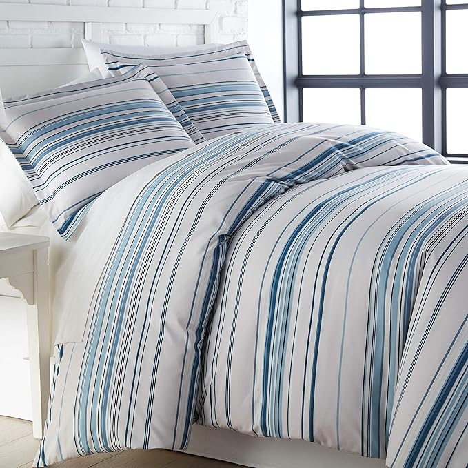 Southshore Fine Living, Inc. 3-Piece Oversized King Comforter Set, Down Alternative All-Season Comforter with Matching Shams, Striped Bedspread for King or Cal King Beds, Coastal Stripes Blue - LeafyLoom