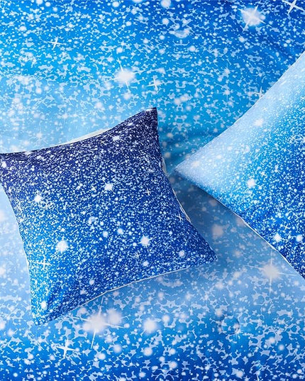 RYNGHIPY 6Pcs Gradient Aqua Blue Navy Ombre Comforter Sets with Sheets Pillowcases, Twin Size Sparkle Glitter Design Comforter Bedding Collections for Kids Boys and Girls - LeafyLoom