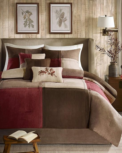 Madison Park Cozy Comforter Set Casual Design All Season, Matching Bed Skirt, Decorative Pillows, California King (104 in x 92 in), Jackson Blocks Red/Brown, 7 Piece - LeafyLoom