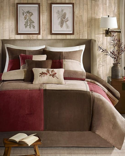 Madison Park Cozy Comforter Set Casual Design All Season, Matching Bed Skirt, Decorative Pillows, Queen (90 in x 90 in), Jackson Blocks Red/Brown, 7 Piece - LeafyLoom