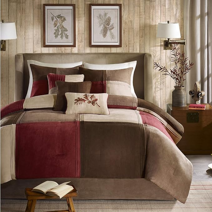 Madison Park Cozy Comforter Set Casual Design All Season, Matching Bed Skirt, Decorative Pillows, Queen (90 in x 90 in), Jackson Blocks Red/Brown, 7 Piece - LeafyLoom