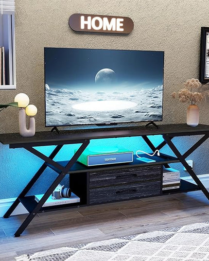 Modern 55" TV Stand with Power Outlet for TV up to 65 Inch, LED and 2 Storage Fabric Drawers, Entertainment Center with Charging Station for Living Room Bedroom (Charcoal Black) - LeafyLoom