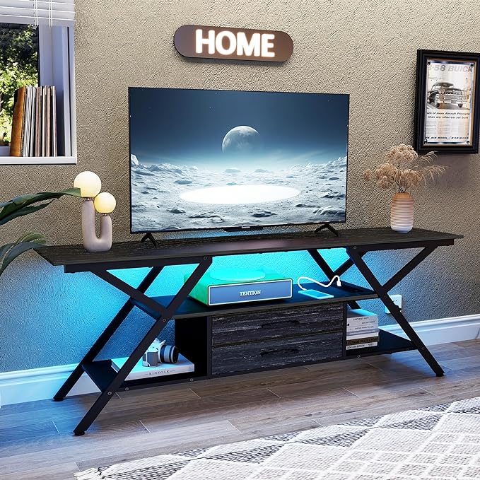 Modern 55" TV Stand with Power Outlet for TV up to 65 Inch, LED and 2 Storage Fabric Drawers, Entertainment Center with Charging Station for Living Room Bedroom (Charcoal Black) - LeafyLoom
