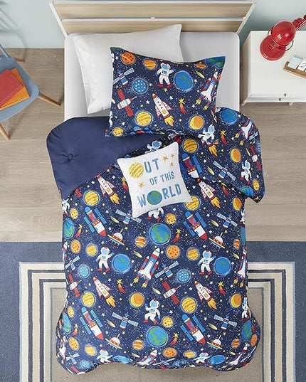 Mi Zone Kids Jason Cozy Comforter Outer Space Rocket Ships, Astronauts Print, All Season Cover, Hypoallergenic Bedding Set, Matching Sham, Decorative Pillow, Twin(66" Wx86 L), Multi 3 Piece - LeafyLoom