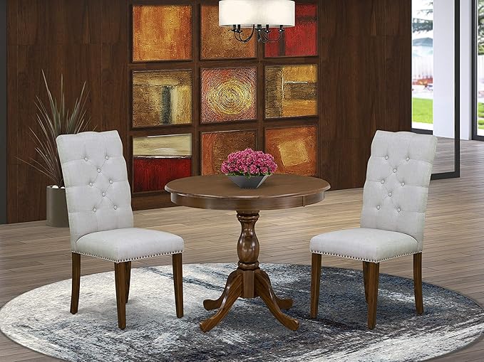 East West Furniture Antique 3 Piece Room Furniture Set Contains a Round Kitchen Table with Pedestal and 2 Grey Linen Fabric Parsons Dining Chairs, 36x36 Inch, Walnut - LeafyLoom