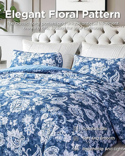 Sophia & William Queen Size Comforter Set for All Season, 3 Pcs Bedding Set with Antique Blue Printed Comforter with & 2 Pillowcases - LeafyLoom