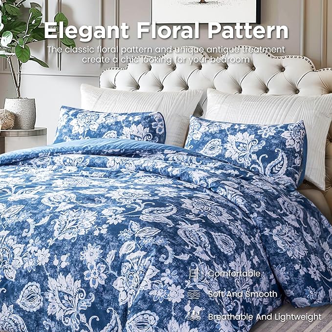 Sophia & William Queen Size Comforter Set for All Season, 3 Pcs Bedding Set with Antique Blue Printed Comforter with & 2 Pillowcases - LeafyLoom