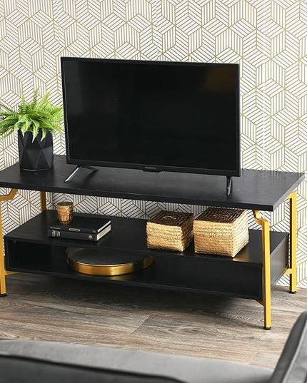 Household Essentials Crown TV Stand with Rectangular Storage Compartment Black Oak Wood Grain and Gold Metal - LeafyLoom