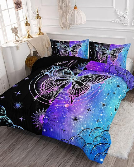 Datura home Black Blue Butterfly Comforter Set for Girls Women,Boho Butterfly Sun and Moon Mandala Printed Bedding Set with 2 Pillowcases(Black Blue Twin) - LeafyLoom