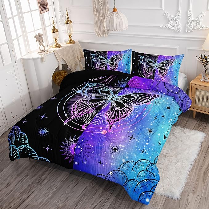 Datura home Black Blue Butterfly Comforter Set for Girls Women,Boho Butterfly Sun and Moon Mandala Printed Bedding Set with 2 Pillowcases(Black Blue Twin) - LeafyLoom