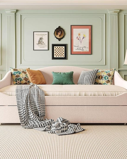 Teddy Fleece Full Size Upholstered Daybed with LED Light and Trundle,Modern Wood Platform Bed W/Side Stripes,Easy Assembly,for Bedroom,Living Room,Guestroom,Beige - LeafyLoom