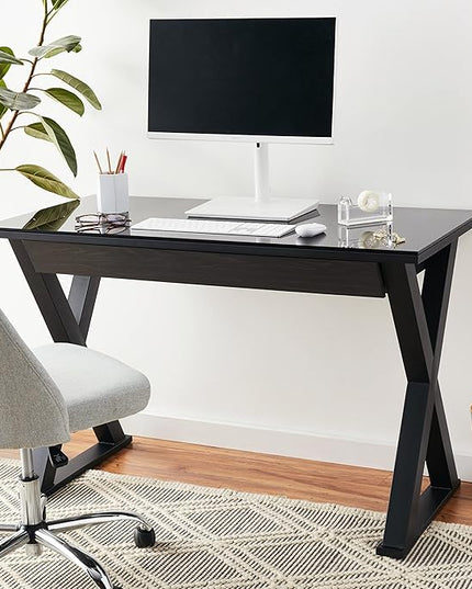 Walker Edison Lawrence Urban Industrial X Leg Glass Top Computer Desk, 48 Inch, Black - LeafyLoom