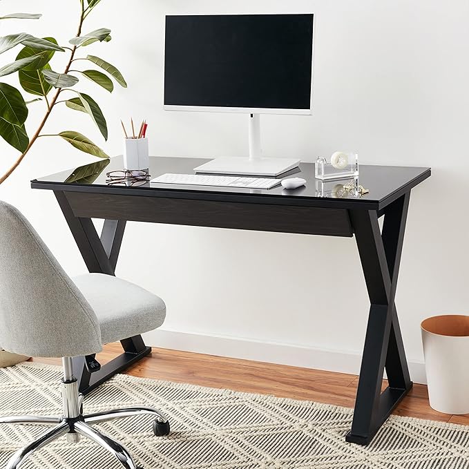 Walker Edison Lawrence Urban Industrial X Leg Glass Top Computer Desk, 48 Inch, Black - LeafyLoom