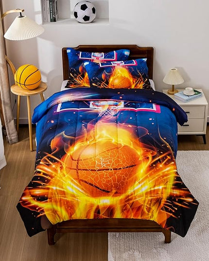 Btargot Basketball Fire Court Comforter Sets Twin for Boys Teens,3D Sports Bedding,Soft Microfiber Reversible Quilt with 2 Matching Pillow Shams - LeafyLoom