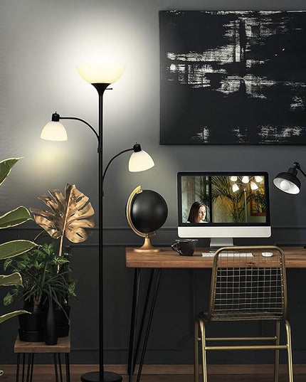 Brightech Sky Dome Double LED Floor lamp, Torchiere Super Bright Floor Lamp with 2 Reading Lamps for Living Rooms & Offices - Dimmable Tall Standing Lamp for Bedroom Reading - Tall Black Pole - LeafyLoom