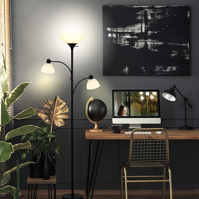 Brightech Sky Dome Double LED Floor lamp, Torchiere Super Bright Floor Lamp with 2 Reading Lamps for Living Rooms & Offices - Dimmable Tall Standing Lamp for Bedroom Reading - Tall Black Pole - LeafyLoom