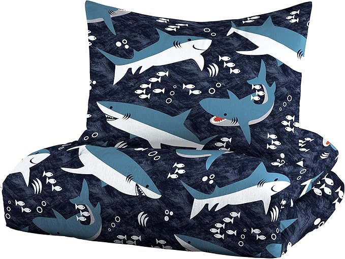 Dream Factory Sharks Boys Full Queen Size Boys Bedding Set Cotton Kids Comforter Set with Sham, 3 Piece, Full/Queen, Navy - LeafyLoom