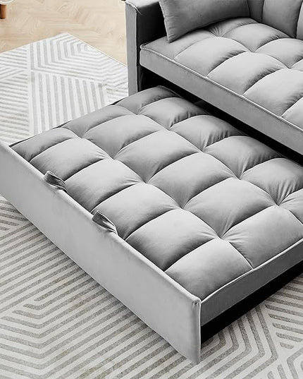 Full Size Pull 3 in 1 Convertible, Fluffy Velvet Loveseat Cama, Lounge Sleeper Sofa with Pullout Bed, Small Futon Couch for Living Room, Bedroom, 55" W, Grey - LeafyLoom