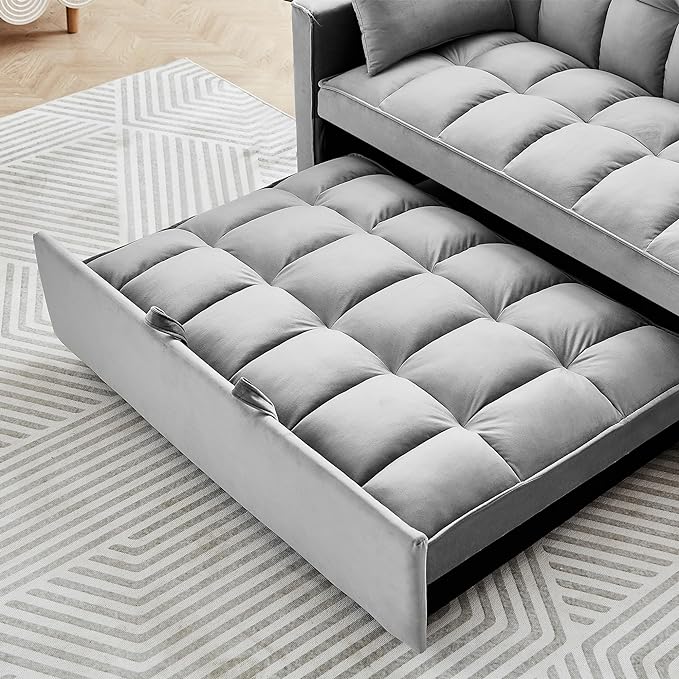 Full Size Pull 3 in 1 Convertible, Fluffy Velvet Loveseat Cama, Lounge Sleeper Sofa with Pullout Bed, Small Futon Couch for Living Room, Bedroom, 55" W, Grey - LeafyLoom