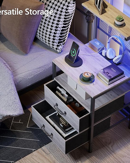 Tall Nightstand with Charging Station and LED Lights, Night Stand with Fabric Drawers, Bedside Table 36.4 Inch with Storage Shelves, Side Table, Mesh Shelves with Metal Hooks, Greige - LeafyLoom