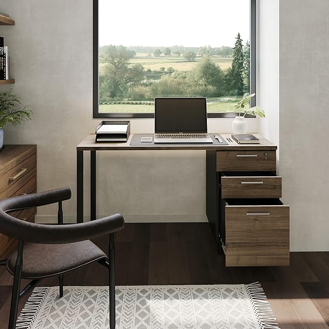 Milano Home Office Desk - 47Inch Cass Walnut/Black Home Office Desk with Drawers - Modern Computer Desk with Storage, Detachable & Lockable Computer Cabinet - Wooden Office, Study, and Writing Table - LeafyLoom