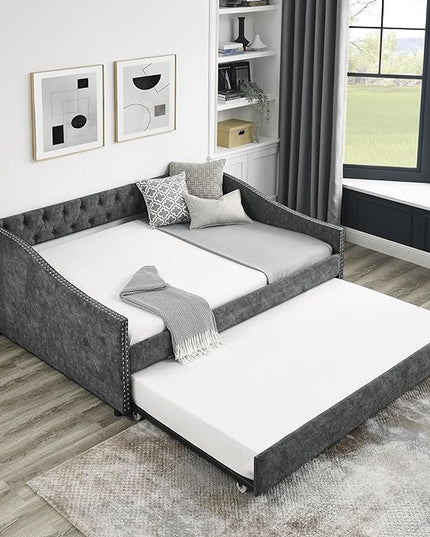Upholstered Full Size Daybed with Twin Trundle, Solid Wooden Bed Frame w/Button Tufted Backrest and Copper Nail on Waved Shape Arms, No Spring Box Need, Space-Saving Design - LeafyLoom