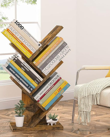 Hoctieon 4 Tier Tree Bookshelf, 4 Shelf Bookcase, Modern Book Storage, Free Standing Tree Bookcase, Utility Organizer Shelves for Home Office, Living Room, Bedroom, Rustic Brown - LeafyLoom