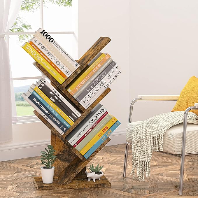Hoctieon 4 Tier Tree Bookshelf, 4 Shelf Bookcase, Modern Book Storage, Free Standing Tree Bookcase, Utility Organizer Shelves for Home Office, Living Room, Bedroom, Rustic Brown - LeafyLoom