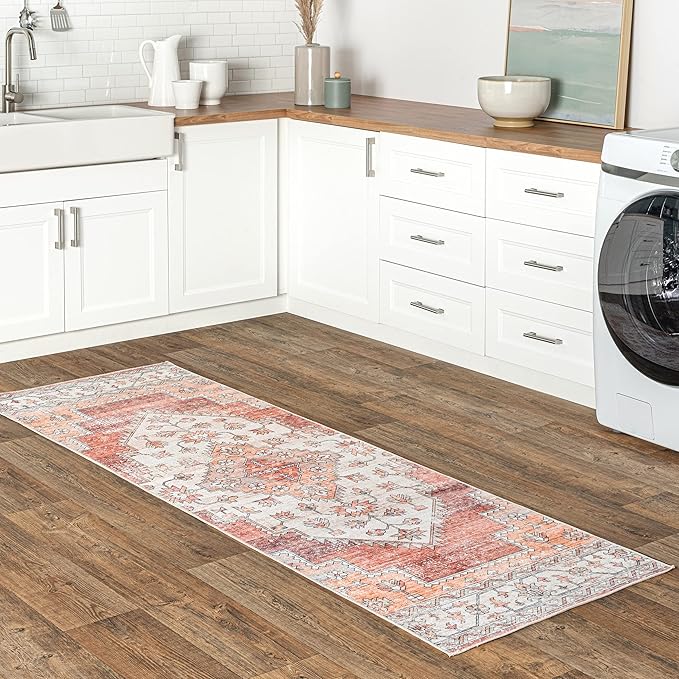 nuLOOM Dania Machine Washable Medallion Ultra Thin Runner Rug, 2' 6" x 8', Rust - LeafyLoom