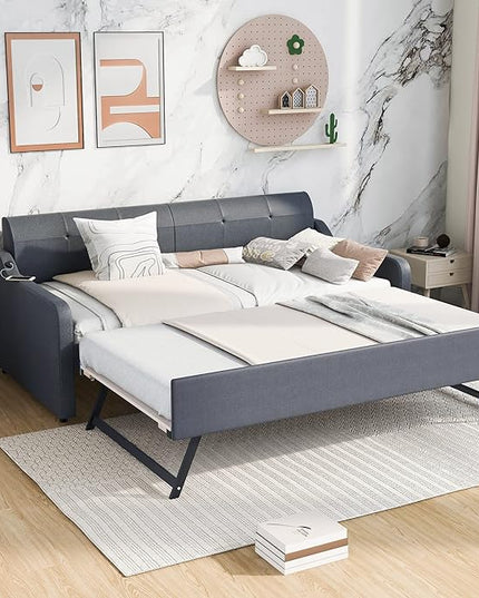 Upholstered Daybed with Pop Up Trundle, Twin Size Daybed with Trundle and USB Charging Ports, for Living Room Bedroom Guest Room, Gray - LeafyLoom