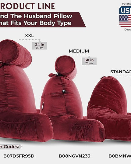 Husband Pillow XXL Maroon Backrest with Arms - Adult Reading Pillow with Shredded Memory Foam, Ultra-Comfy Removable Microplush Cover & Detachable Neck Roll, Unmatched Support Bed Rest Sit Up Pillow - LeafyLoom