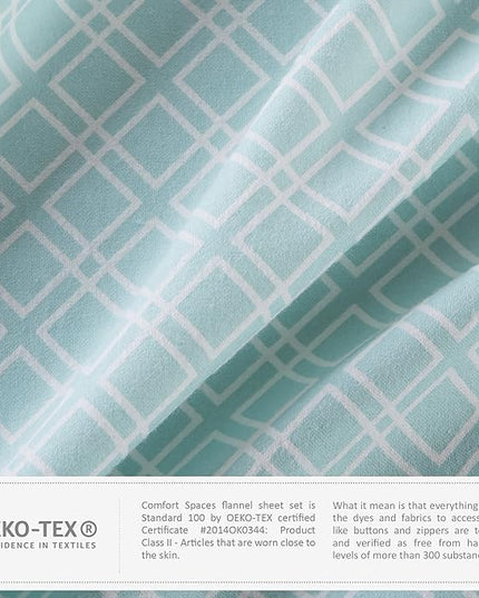Comfort Spaces Cotton Flannel Breathable Warm Deep Pocket Sheets with Pillow Case Bedding, Full, Aqua Geo 4 Piece - LeafyLoom
