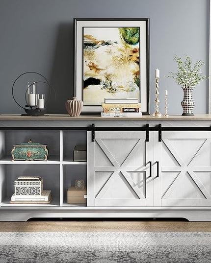YITAHOME Farmhouse TV Stand for 65/60/55 Inch, Modern Entertainment Center with Sliding Barn Door, Wood TV Media Console Storage TV Cabinet for Living Room for 300lbs, Grey White & Grey Wash - LeafyLoom