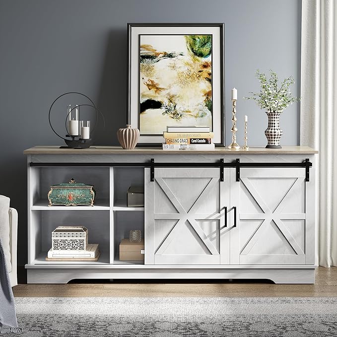 YITAHOME Farmhouse TV Stand for 65/60/55 Inch, Modern Entertainment Center with Sliding Barn Door, Wood TV Media Console Storage TV Cabinet for Living Room for 300lbs, Grey White & Grey Wash - LeafyLoom