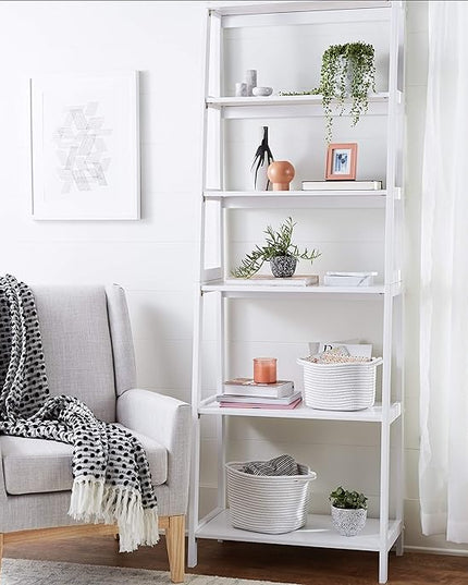 Amazon Basics Rubberwood 5 Shelf Ladder Bookcase, White, 15.03" D x 25.98" W x 74.48" H - LeafyLoom