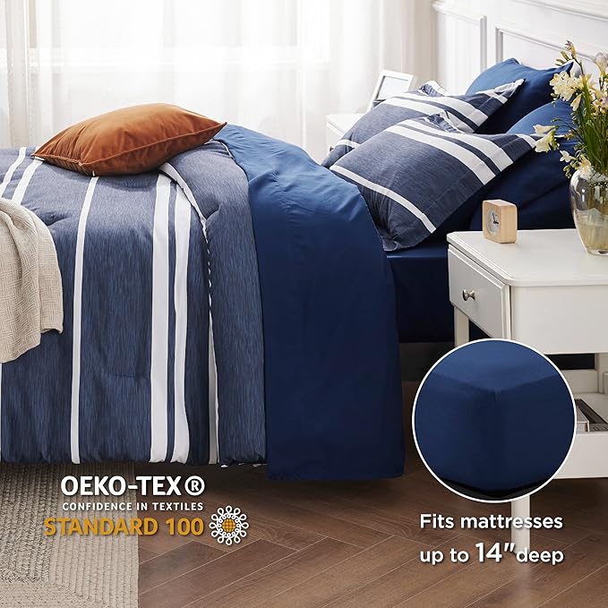 Bedsure Bed in a Bag Queen 7 Pieces - Navy & White Striped Comforter Set Queen All Season Bed Set, Bed Set Queen Size with 1 Comforter, 1 Flat Sheet, 1 Fitted Sheet, 2 Pillowcases & 2 Shams - LeafyLoom