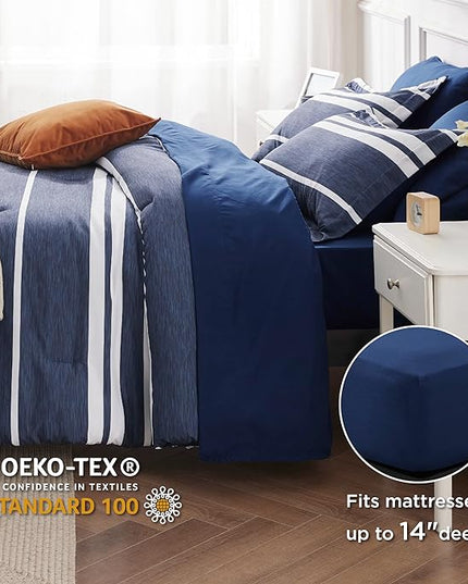 Bedsure Bed in a Bag Full Size 7 Pieces, Navy White Striped Bedding Comforter Sets All Season Bed Set, 2 Pillow Shams, Flat Sheet, Fitted Sheet and 2 Pillowcases - LeafyLoom
