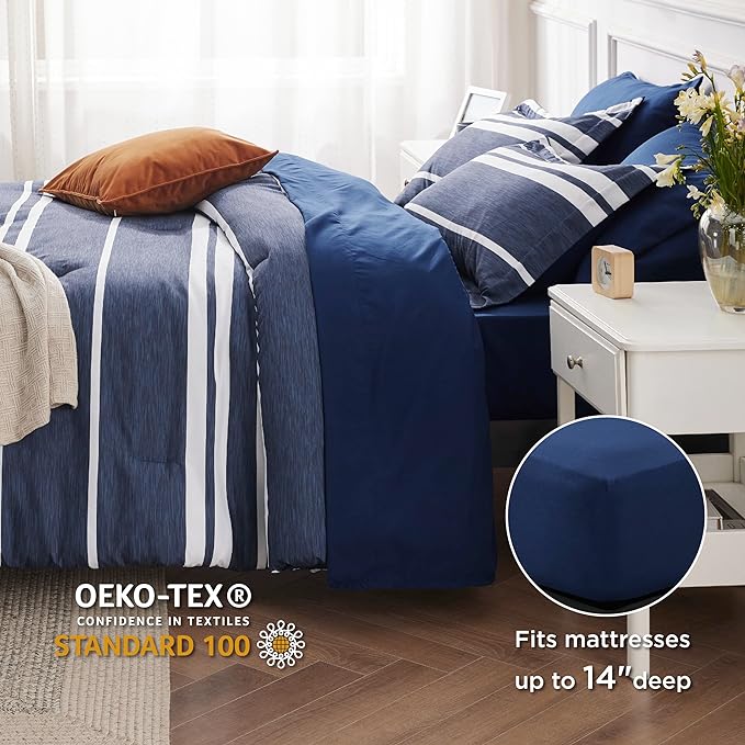 Bedsure Bed in a Bag Full Size 7 Pieces, Navy White Striped Bedding Comforter Sets All Season Bed Set, 2 Pillow Shams, Flat Sheet, Fitted Sheet and 2 Pillowcases - LeafyLoom
