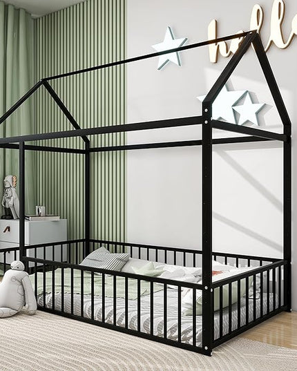 RITSU Twin Size Montessori Floor Bed, Metal House Bedframe with Fence, Robust Construction is Used, for Children'S Rooms, Boys Girls, No Box Spring Needed, Easy Assembly, Black - LeafyLoom