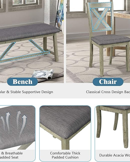 Rustic Style Spacious 4 Chair and Multifunctional Bench, Long-Lasting Solid Rubber Wood Room, Kitchen, 6 Piece Dining Table Set, Gray 8 - LeafyLoom