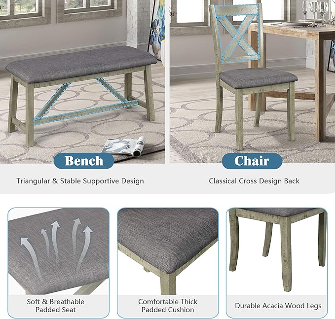 6-Piece Rustic Style Wood Dining Table Set with Bench and 4 X-Back Cushion Chairs for Kitchen Dinette Room, Gray, 1 - LeafyLoom