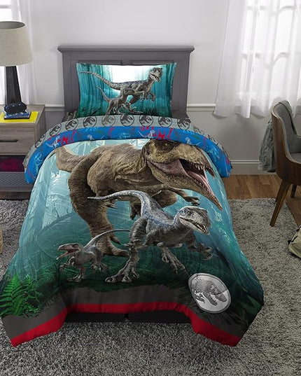 Jurassic World Dominion Blue Velociraptor and Rexy T-Rex Super Soft Microfiber Reversible Comforter, Twin Size, Bedding by Franco Kids - LeafyLoom