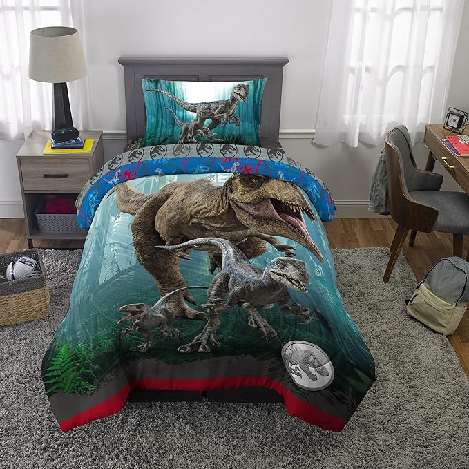 Jurassic World Dominion Blue Velociraptor and Rexy T-Rex Super Soft Microfiber Reversible Comforter, Twin Size, Bedding by Franco Kids - LeafyLoom