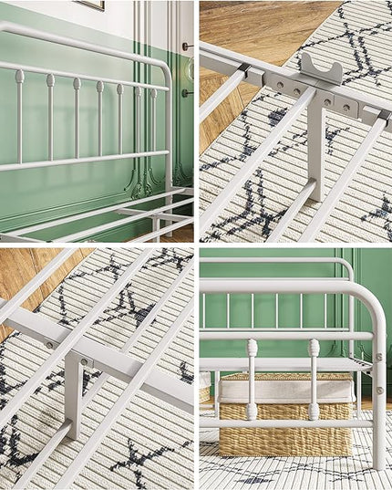 Vintage Queen Size Bed Frame with Headboard and Footboard Mattress Heavy Duty Metal Platform Bed Frame Steel Slat Support (Queen, White) - LeafyLoom