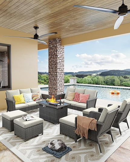 Yechen Patio Conversation Set 10 Seats with 44" Propane Gas Fire Pit Table - 7 Pcs Outdoor Wicker Furniture Set with Lid & Wind Shields - Sectional Sofa Set for Porch,Backyard - LeafyLoom