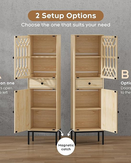 XIAO WEI 2-Piece Tall Cabinet Narrow Linen arched cabinet Storage Cabinet Natural Rattan Doors Fretwork Pattern Doors for Living Room Entryway Kitchen Home Office Bathroom - LeafyLoom